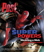 Spiderman in a dynamic pose, mid-air, with "SUPER POWERS" and "Weaving a Web of CG and live action" text.