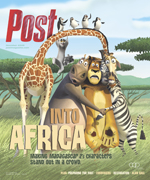 Animated characters including a giraffe, hippo, lion, zebra, and penguins are depicted in a savanna setting with the "Post" l
