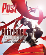 Skateboarder performing a trick with red ribbons and "Post" logo.