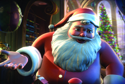 Animated Santa Claus with a white beard and red suit gesturing forward in a decorated room.