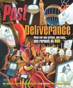 Illustration of a futuristic entertainment venue with screens and people holding devices. Text reads 'Post Deliverance'.