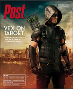 Green Arrow character on Post magazine cover with headline VFX ON TARGET.
