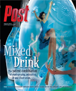 A woman in a blue dress dances in a giant cocktail glass with splashing liquid and other figures. The word Post is visible.