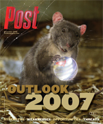 A rat holding a crystal ball with the text "OUTLOOK 2007" on a magazine cover.