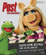 Kermit the Frog and Miss Piggy pose with a clapperboard that reads "Outlook 2016: The Year Ahead."