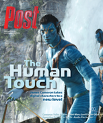 A blue-skinned humanoid character with yellow eyes and tribal markings stands in a lush, waterfall-filled environment. Text r