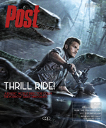 A man on a motorcycle is surrounded by several raptors, with jungle foliage in the background.