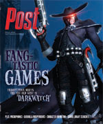 A man in a cowboy hat and duster, holding a futuristic gun, with glowing red eyes.