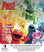 Sesame Street characters Elmo, Big Bird, Cookie Monster, and Abby Cadabby are shown with rainbow decorations for the show's 5