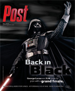 Darth Vader, iconic Star Wars villain, stands with a raised hand and lightsaber, on the cover of Post Magazine.