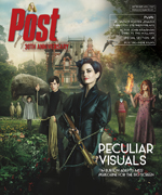 A woman with a crossbow stands in front of a gothic house with children and other figures in a garden.
