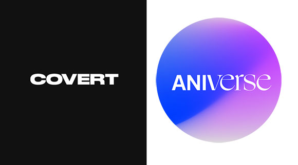 A black rectangle with white COVERT text next to a white rectangle with a blue and purple gradient circle and ANIVERSE text.