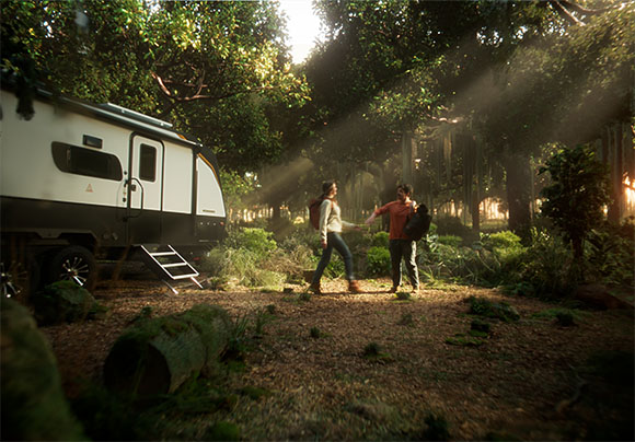Two people walk through a sun-drenched forest clearing next to a white camper van.