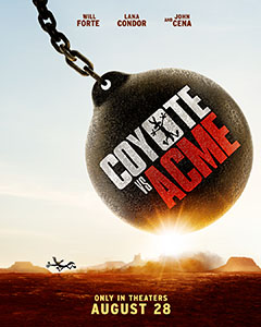 A large black heavy ball with the title Coyote vs. Acme hangs from a chain over a desert landscape.