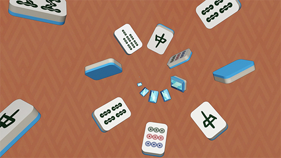 Mahjong tiles floating in a spiral formation over a brown patterned surface.