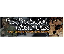 Banner for Post Production Master Class featuring a speaker and an audience.