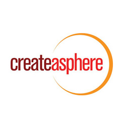 Logo for createasphere featuring dark red and bright red text inside an orange circular arc.