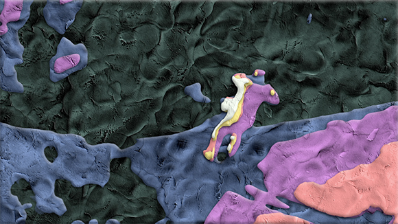 Abstract textured surface with dark green, purple, blue, and peach organic shapes.