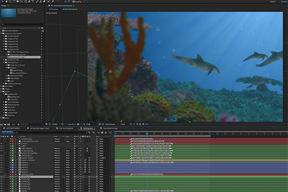 Video editing software interface showing an underwater composition with dolphins and coral reefs.