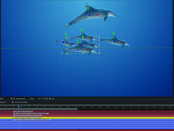 Digital 3D software interface displaying several dolphin models with selection boxes and transformation handles.