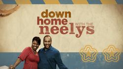 A smiling man and woman pose in front of a textured background with the text 'down home with the neelys'.