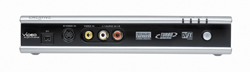 Rear view of a black electronic device with various input ports and silver trim.