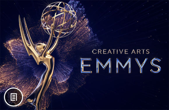 Golden Emmy trophy against a dark blue background with sparkling light effects and text reading Creative Arts Emmys.