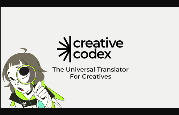 Logo for Creative Codex featuring an illustration of a character looking through a magnifying glass.