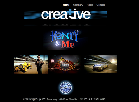 Website interface for Creative Group showing film titles like Henry & Me and various project thumbnails.