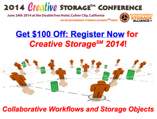 Promotional graphic for the 2014 Creative Storage Conference with a $100 discount offer.
