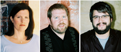 Three headshots of a woman with dark hair, a man with a beard, and a man with glasses and a beard.