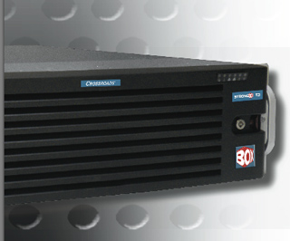 A black rectangular electronic device with horizontal cooling vents and small logos on the right side.
