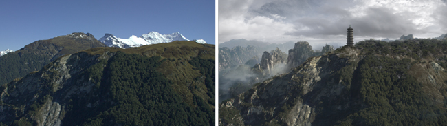 Two views of mountain ranges: one with snow-capped peaks under a blue sky, one with a pagoda amidst clouds.