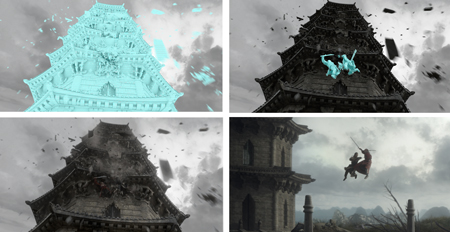 Four sequential frames showing a pagoda structure transitioning from a 3D model to a final cinematic shot.