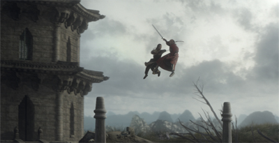 Two figures in combat, one in red, leaping through the air against a cloudy sky near a stone pagoda.