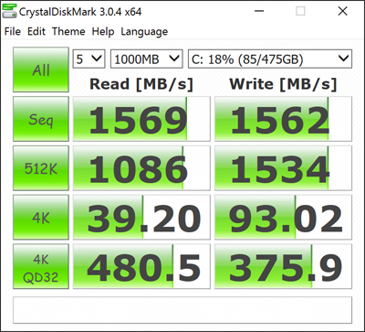CrystalDiskMark window showing read and write speeds for various file sizes and queue depths.
