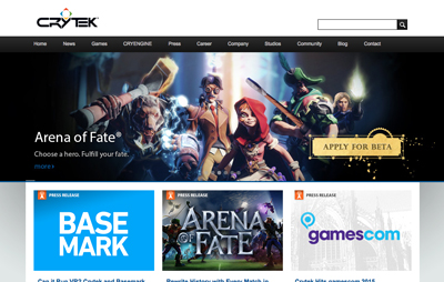 Crytek website homepage with Arena of Fate banner and press release tiles.