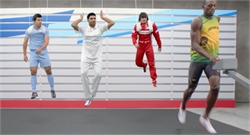Four athletes in various sports uniforms jumping and running against a blue and white striped background.