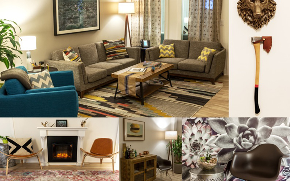 Collage showing a gray living room with sofas, a fireplace area, and a decorative axe and lion head on a wall.