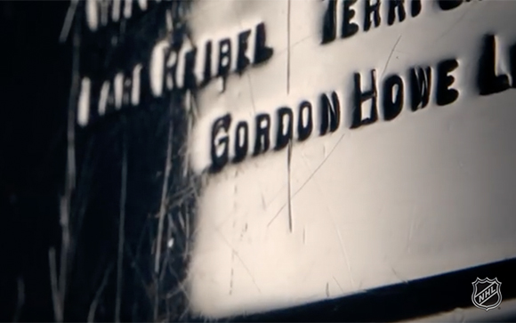 Close-up of an engraved plaque featuring the name Gordon Howe.