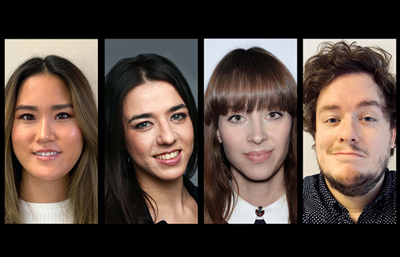 Four portrait headshots of different people arranged side-by-side against various backgrounds.