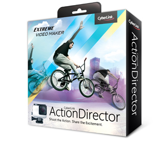 Software box for CyberLink ActionDirector Extreme Video Maker featuring people riding bicycles.