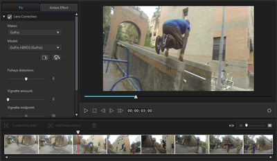 Video editing software interface with lens correction sliders and a preview of a person on a ledge.