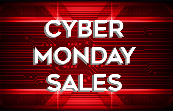 White text reading CYBER MONDAY SALES over a red background with circuit board patterns.