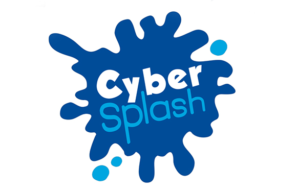 Blue liquid splash shape with the text Cyber Splash in white and light blue.