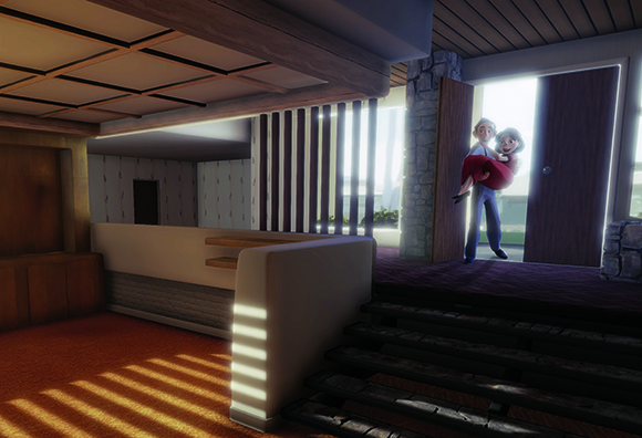 A man carries a woman in a red dress through a doorway in a modern, sunlit room.