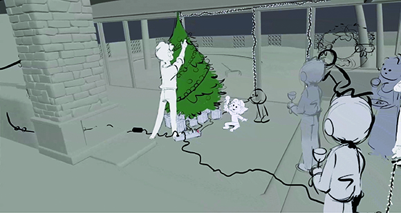 A sketch-style illustration of people decorating a green Christmas tree with lights and gifts.