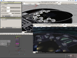 Split screen showing a 3D wireframe model of a circular structure and a dark, rendered interior environment.