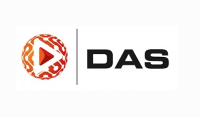 Logo featuring an orange circular pattern with a play button icon next to the text DAS.
