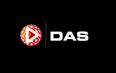 A circular red and white patterned icon with a play button next to the white text DAS on a black background.